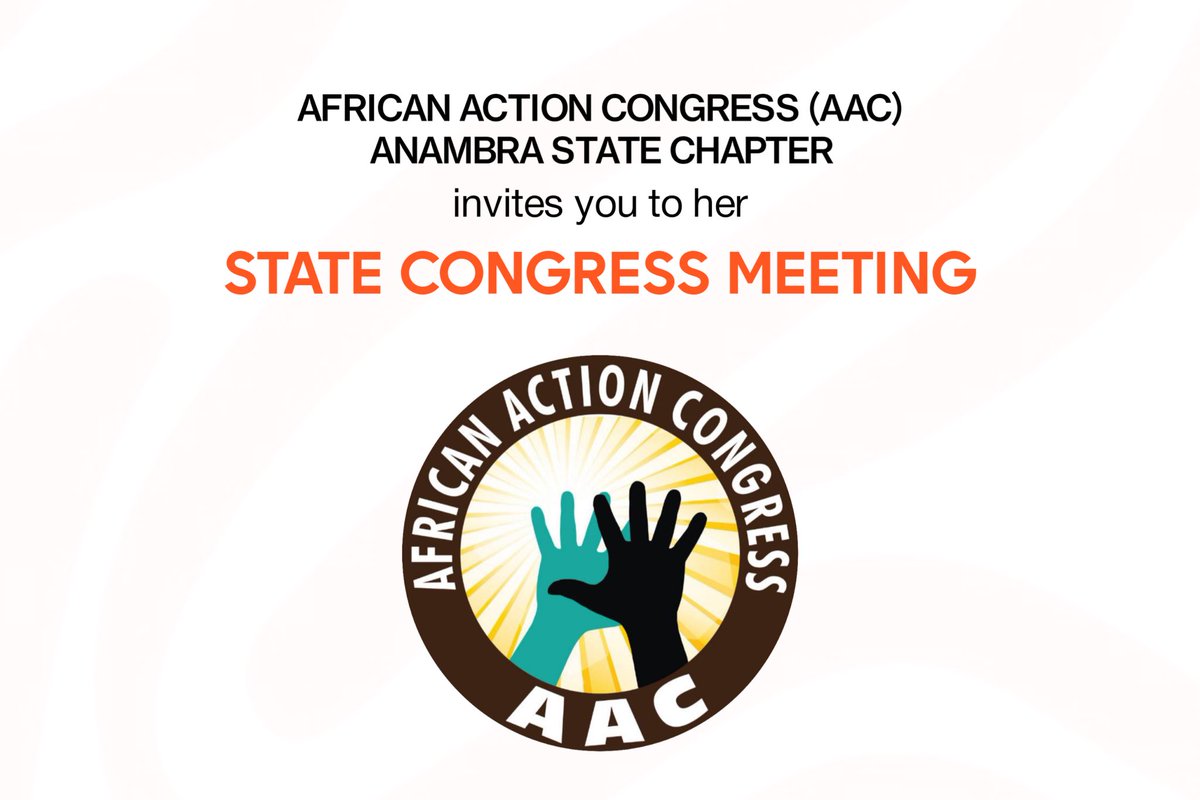REMINDER:
The AAC Anambra State Congress holds 21st Nov, 10am at Noble Hotel, Awka.
Delegates, media &amp; the public are invited.
Let’s strengthen our party and our democracy.
#AAC #AnambraCongress2025
