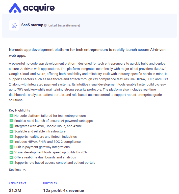 超酷的 SaaS 产品刚刚在 @acquiredotcom 上架。

无需编写代码即可快速启动安全的AI驱动型Web应用程序。

过去12个月收入超过30万美元
超过 10 万美元的 TTM 利润
同比增长超过 50%

高利润、垂直领域的