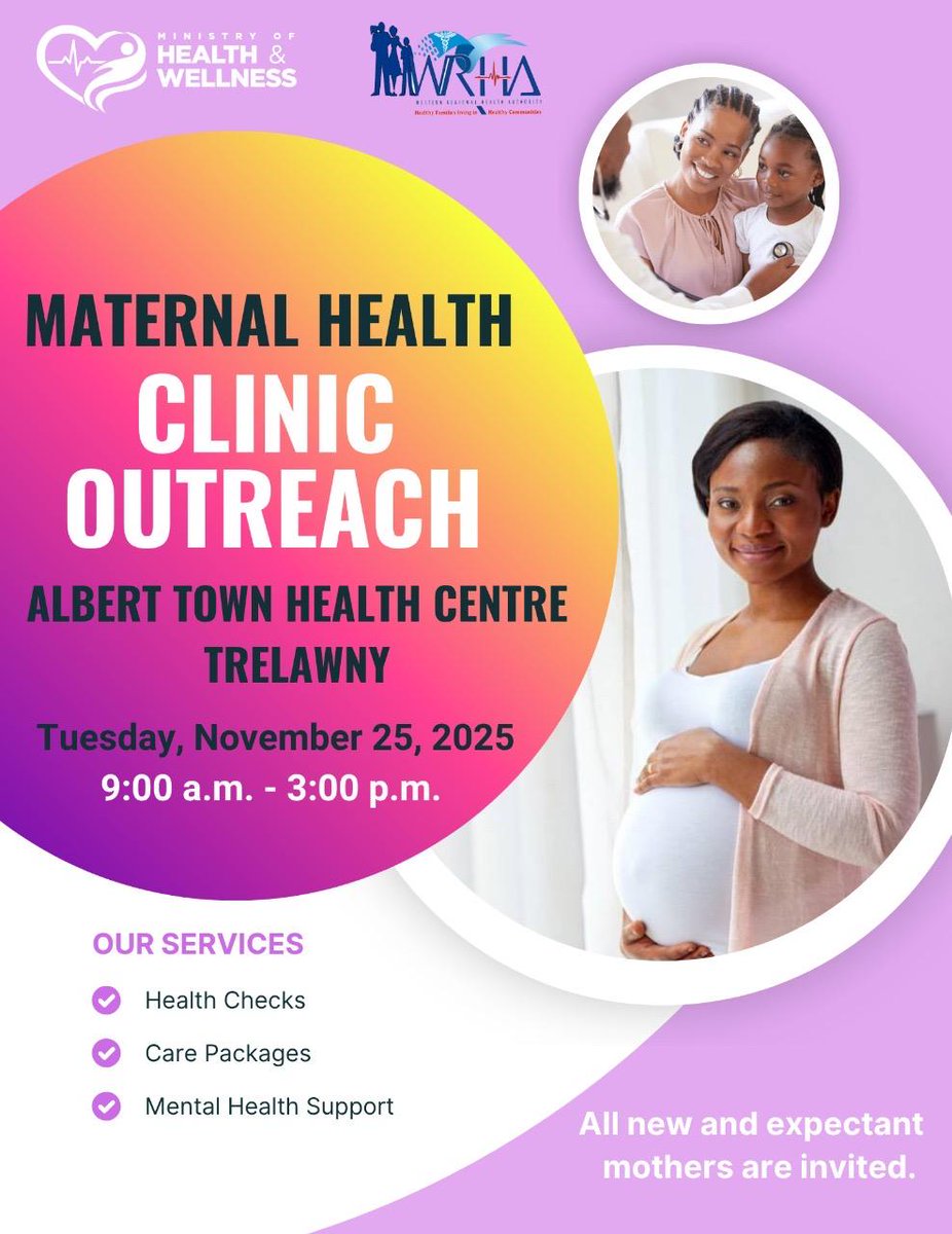 Wrhaja's tweet photo. ✨ Trelawny moms, we’re coming to you! ✨
Expecting a little one or recently welcomed your bundle of joy? Join us on Nov 25 for a day of care, conversations and support at the Albert Town Health Centre.
💗 Free health checks
💗 Care packages
💗 Mental wellness support https://t.co/5uYYHX2XRr