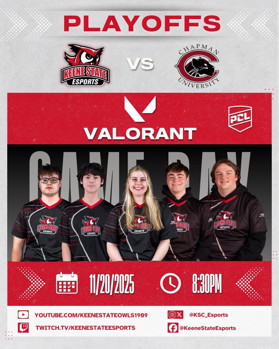 TONIGHT at 8:30 PM EST:
Your KSC VALORANT team takes on Chapman University B in their <a href="/playvs_college/">PlayVS College League</a>  playoff quarterfinal matchup!

Come join in-person in Commons classroom 126 for a watch party or join on Twitch at: twitch.tv/KeeneStateEspo…

#OwlsAreOP 🦉