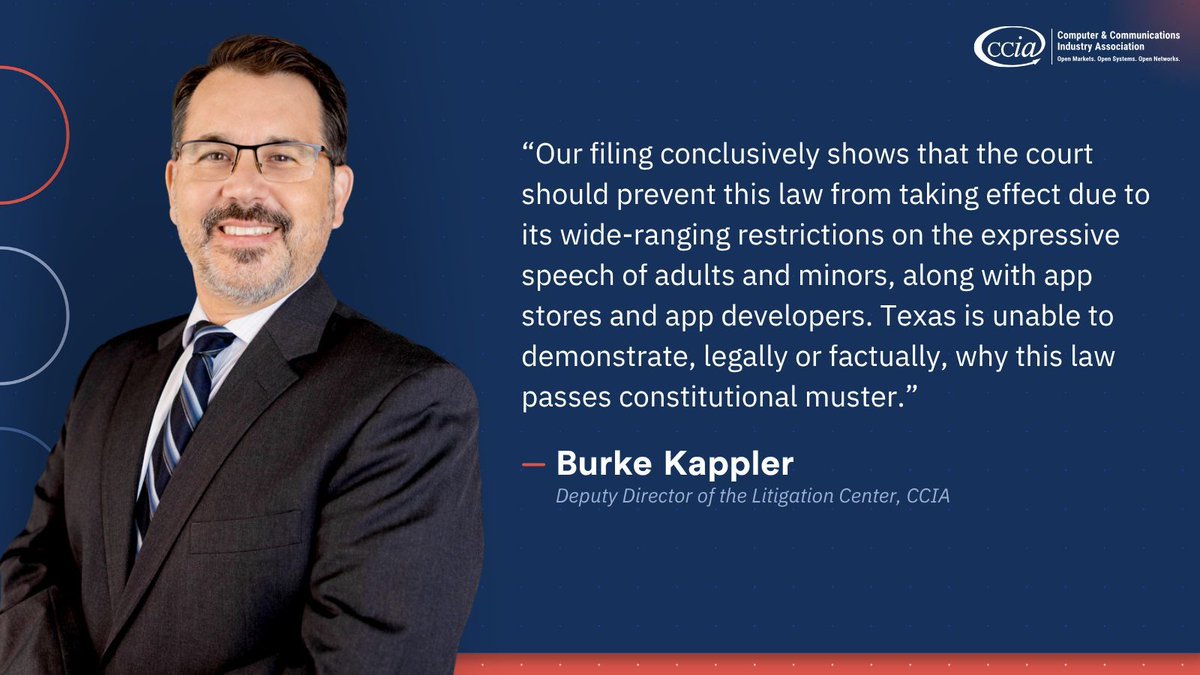 ccianet's tweet image. CCIA has filed its reply brief to block Texas’s SB2420 from taking effect on January 1. The law would impose sweeping #AgeVerification mandates, parental gatekeeping for most apps, and compelled “age-rating” speech from developers. CCIA is asking the court to grant a preliminary…