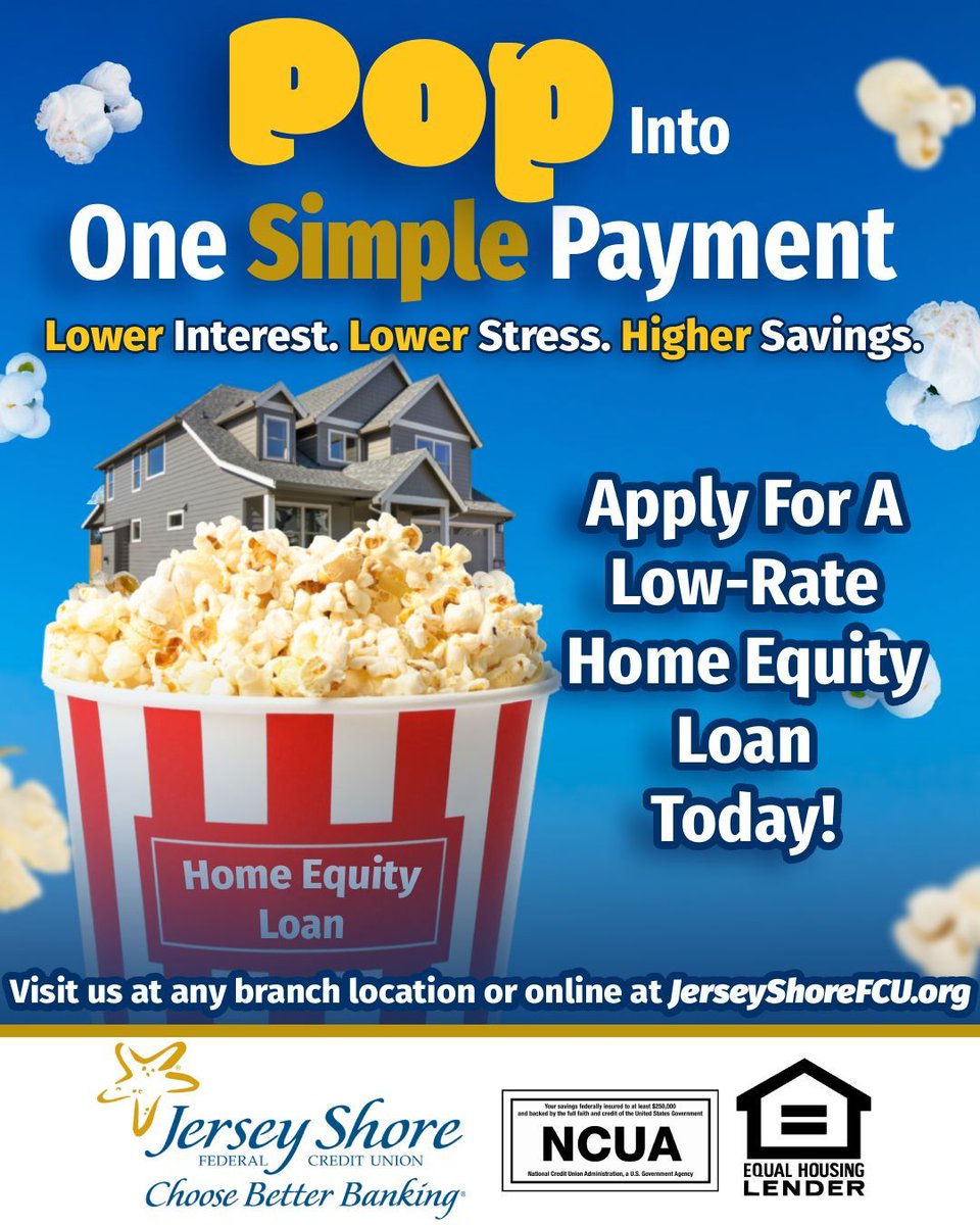 jsfcu's tweet image. Pop into one simple payment with a Jersey Shore Home Equity Loan!  A Jersey Shore Home Equity Loan can give you up to $250,000 for home improvements, consolidating high-rate debt, making a big purchase, or any other reason! 

Learn more: buff.ly/6hqvwxj