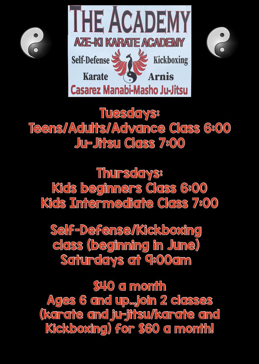 The Aze-Ki Karate Academy current Class schedule: Karate, Ju-jitsu, Self-Defense, and Kickboxing. 74 Skin Creek Rd, Weston, WV 26452