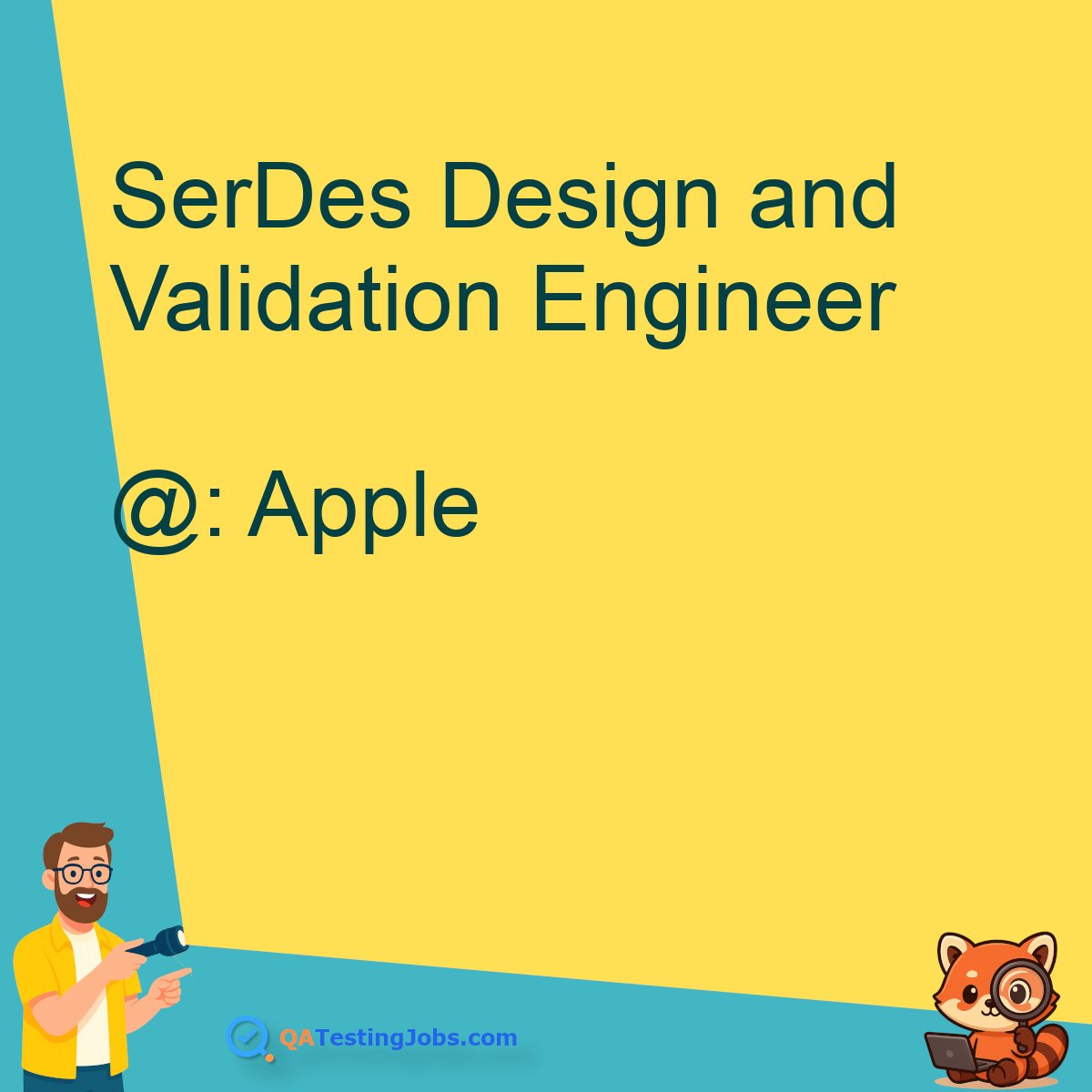QATestingJobs's tweet image. Title: SerDes Design and Validation Engineer
Company: Apple
Country: United States
City: Cupertino
Employment Type: 
Location: onsite
Remote/Onsite: onsite
Visa Support: 
#aimlconcepts #analogcircuitdesign #automation #cdrarchitectures #dataanalysis #debugging #dfttechniques…
