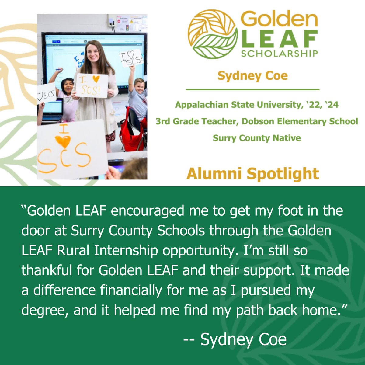 NCgoldenLEAF's tweet image. 🌟 Meet a Golden LEAF Scholar Alumna, Sydney Coe! Discover how this educator is shaping the future of rural Surry County students by teaching the next generation in her home county @SurryCoSchools. goldenleaf.org/golden-leaf-sc…
#GoldenLEAFScholar #Education #WorkforceDevelopment