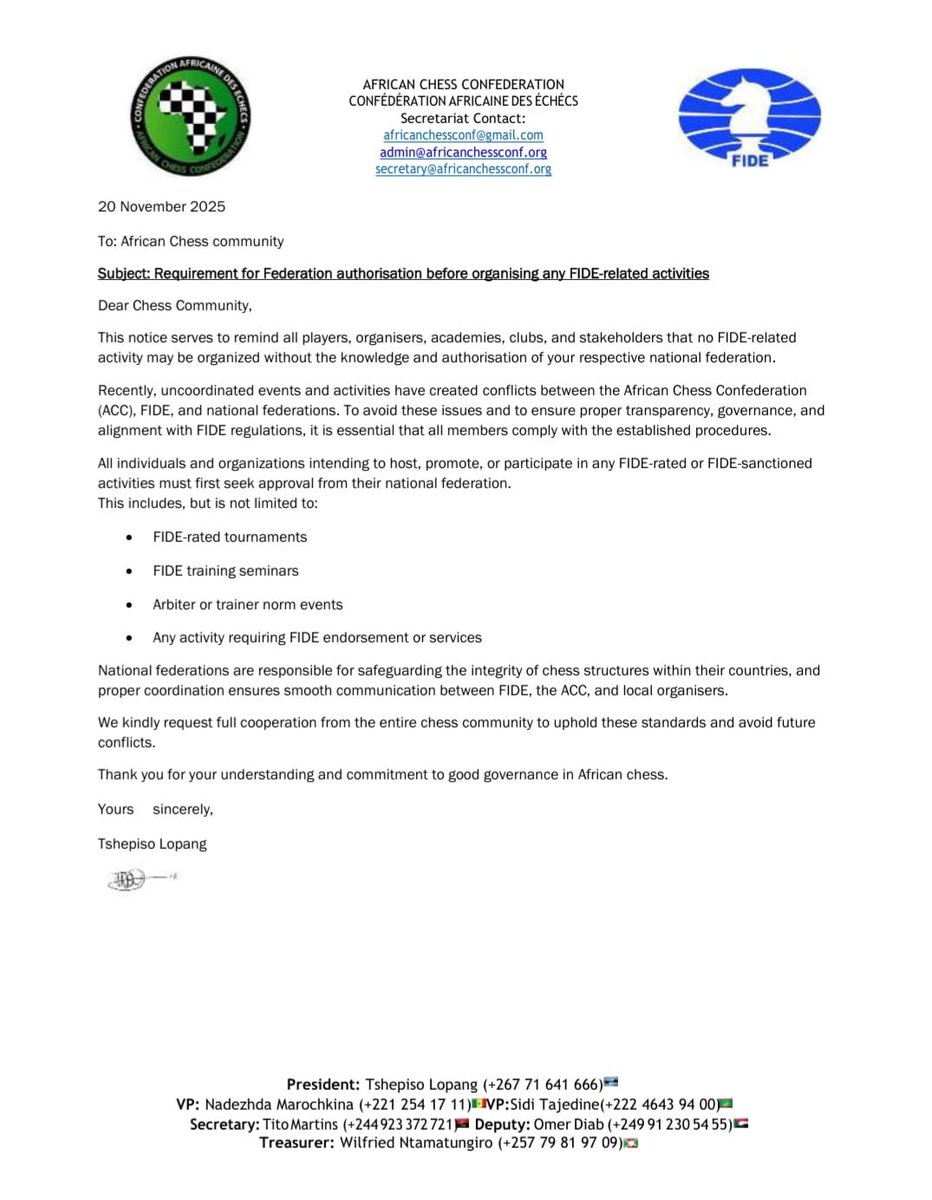 AfricanChessCon's tweet image. ACC Communiqué: All individuals and organizations planning FIDE-rated tournaments, seminars, or norm-related activities must first obtain national federation approval.
This policy promotes structured development and regulatory integrity within African chess #goveranceupdate