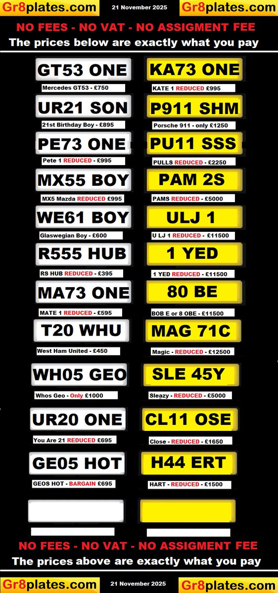 Gr8platesUK's tweet photo. Update 20/11/2025
You won't find these plates any cheaper as we own them #numberplates https://t.co/IOHiHZUbbP