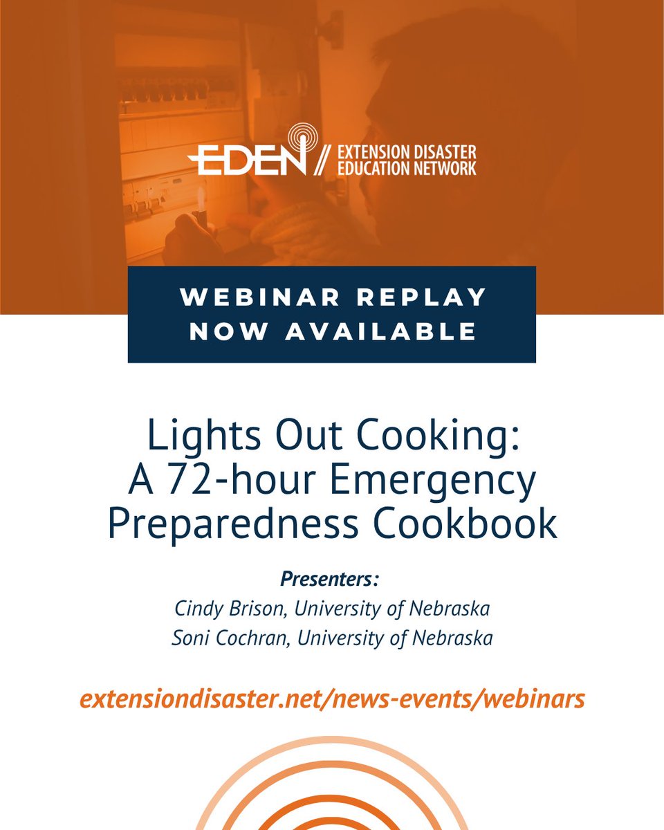 ExtDisasterEd's tweet image. 🎥 Missed it live? The replay of EDEN’s Lights Out Cooking: A 72-hour Emergency Preparedness Cookbook webinar is now available!
Learn practical, no-power meal ideas to keep families fed and safe during emergencies.
🔗 Watch now: hubs.li/Q03PR0Yg0