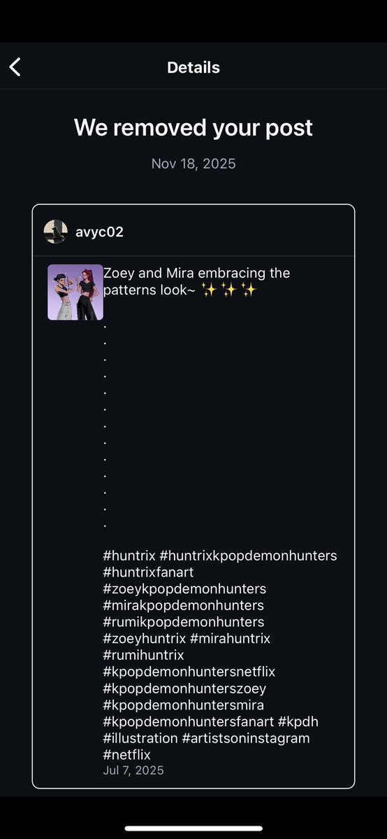 avyc02's tweet image. One of my posts was taken down by Instagram upon a notice by a third party claiming to act for Netflix.  

Please be careful. I have seen that several other artists who post KPDH fan art for satire, humor, or fun have also had their work removed. #KPOPDEMONHUNTERS