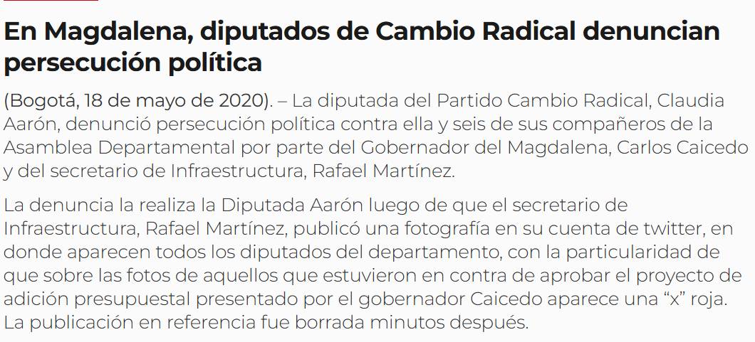 DuvanHerazoF's tweet photo. Beto, en principio saludar tu trabajo. Luego, decirte lo siguiente: Si crees que la alianza entre el @PactoHistorico con sectores de partidos ideológicamente diferentes es una exclusividad de la @ColombiaHumana_, te informo que @carlosecaicedo ha recibido, justamente para las atípicas del Magdalena, el apoyo de @PCambioRadical a través de la exdiputada @ClauAaronV, quien irónicamente denunciaba persecución de @mrafael70 y @carlosecaicedo. De hecho la coalición Magdalena Grande, que incluye al diputado @CesarPachecoA, está integrada por el Partido Demócrata Colombiano, Centro Democrático y Colombia Justa Libres. 

@Betocoralg, entendemos tu posición, sólo te pedimos no ser miope ¿Olvidas que en las elecciones legislativas pasadas @fzciudadana creó "La Lista de Caicedo", la cual compitió directamente con la del @PactoHistorico? Ese hecho produjo pérdida de escaños y, por tanto, representativad en el el Congreso de la República. @carlosecaicedo ha actuado de esa forma durante largo tiempo: se ha aliado con Vargas Lleras, Los Cotes y en estas atípicas también con la representante Kelyn González, pareja de un exparamilitar confeso llamado Rodrigo Roncallo. 

Me temo que no has comprendido el trasfondo de esta contienda; pero no te juzgo por ello, más bien me alegra que te sumes al debate.

El @PactoHistorico trabaja por la consolidación de la Paz Política ante la frenética estrategia de confrontación perpetua en el Magdalena, que no ha permitado avances significativos en materia de articulación Nacional-Regional.

Sólo te pido que veas el espectro completo e diacrónicamente. Nada más.