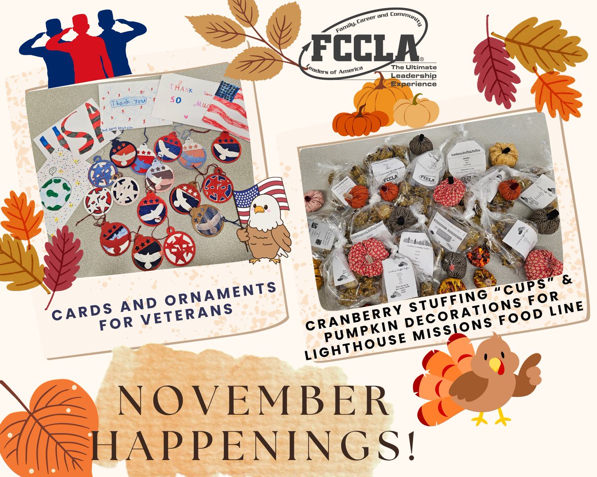 GHMSFCCLA's tweet photo. What an exciting and eventful November! 
We made wooden ornaments and cards for Veterans in honor of Veteran's Day. 
We also sewed pumpkin decorations and baked up some yummy Cranberry Stuffing Cups for the Lighthouse Missions food line! @SCSD_GMS https://t.co/cis77lIeCx