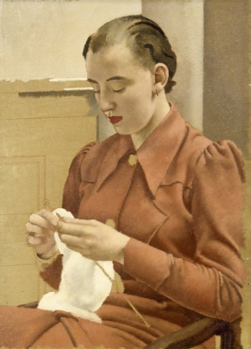 'A Woman in a Red Dress Knitting.' (1936) Whilst at the Slade School, Jesse Dale Cast took Henry Tonks’s draughtsmanship to heart. His  figures have an almost sculptural stillness about them, reminiscent of Dod Procter’s work from a decade earlier.
