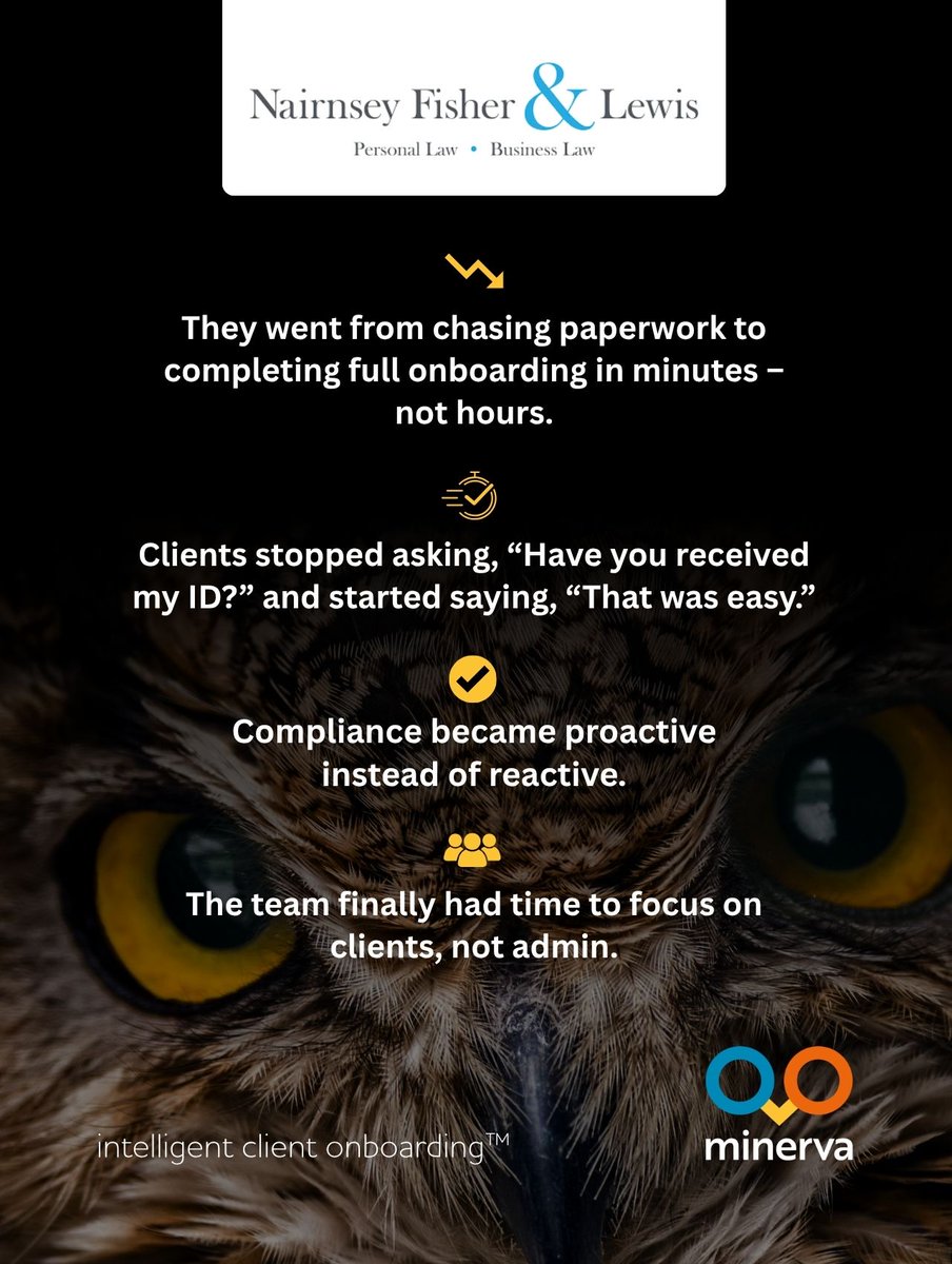 lfsminerva's tweet image. Minerva isn’t just another platform. It’s the only intelligent, end-to-end onboarding solution built for law firms – combining efficiency, compliance and client satisfaction in one seamless system.

Book an introductory call share.hsforms.com/1u8k9lEwaQ7OrG…