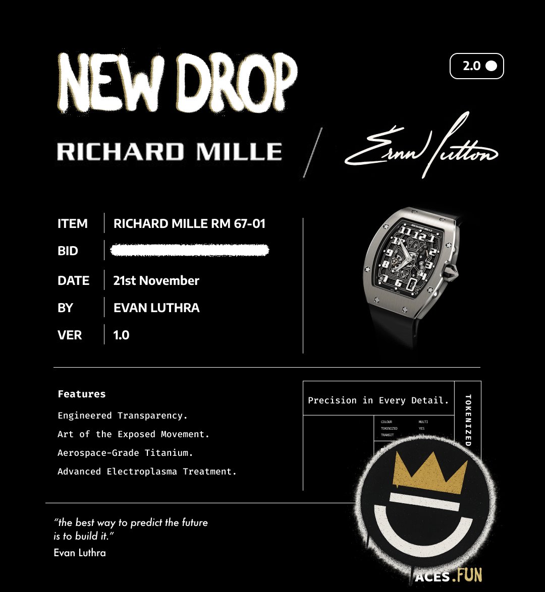 acesdotfun's tweet photo. Evan is capitalizing on his Richard Mille RM-67.

November 21st EST.   

1. Trade Richard Mille derivatives 
2. Stack ACES 
3. Grow your commissions 

Watch for our spaces announcement for the live link and get ready to long the hype.  

Brought to you by @EvanLuthra and @acesdotfun