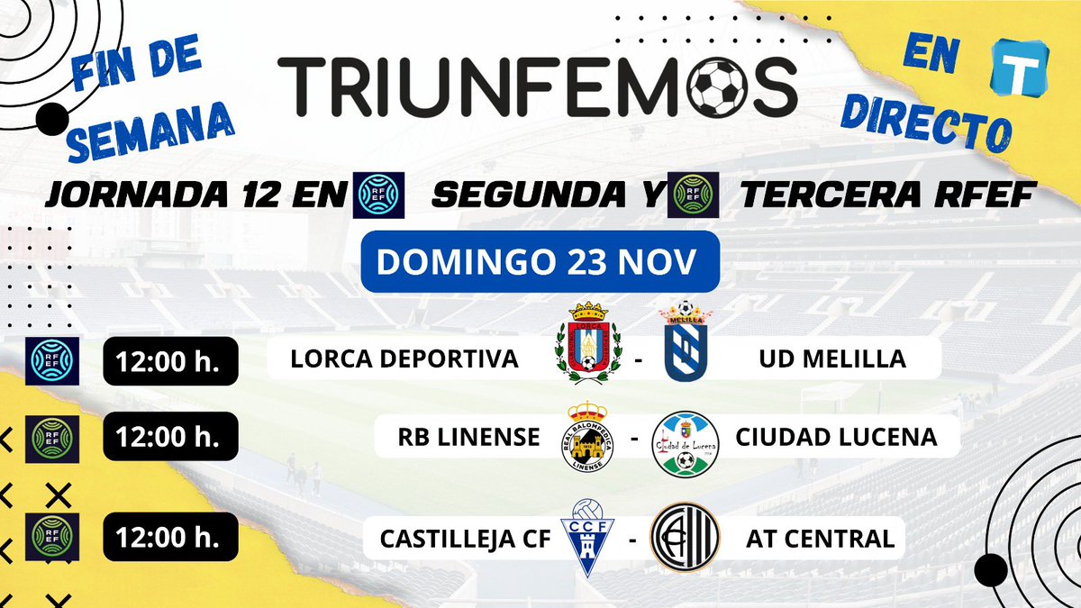 tfms_triunfemos's tweet image. EL FINDE EN TRIUNFEMOS

@lorcadeportiva @UDMelilla
 @RBL1912 @ciudaddelucena @castilleja_cf @ClubAtlCentral 

Se podrán ver este fin de semana en Triunfemos  en DIRECTO y en EXCLUSIVA

#tfms_triunfemos ⚽️⚽️🤙🤙 
#tfms_triunfemos2526J12
#Triunfemoslateledelasaficiones