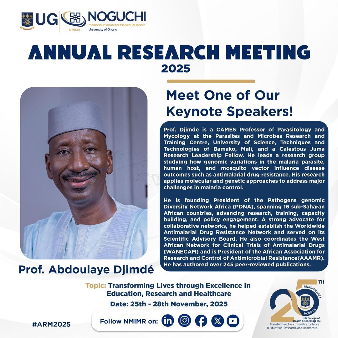 Are you curious about who the keynote speakers for #ARM2025 are? 

Prof. Egyir and Prof. Djimdé bring decades of expertise in their respective fields of research.

Do not miss out on their keynote addresses. 

#ARM2025
#AdvancingHealthcareThroughaImpactfulResearchandInnovation