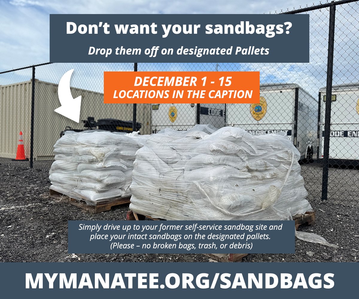 ManateeGov's tweet image. Don’t Want to Keep Your Sandbags? We’ll Take Them!

If you don’t want to store your sandbags, we’ll gladly collect them at the same sandbag locations:

· Rye Preserve

· Rubonia Community Center

· Myakka Community Park

· Blackstone Park

· Parrish Park

· Palma Sola Park

·…