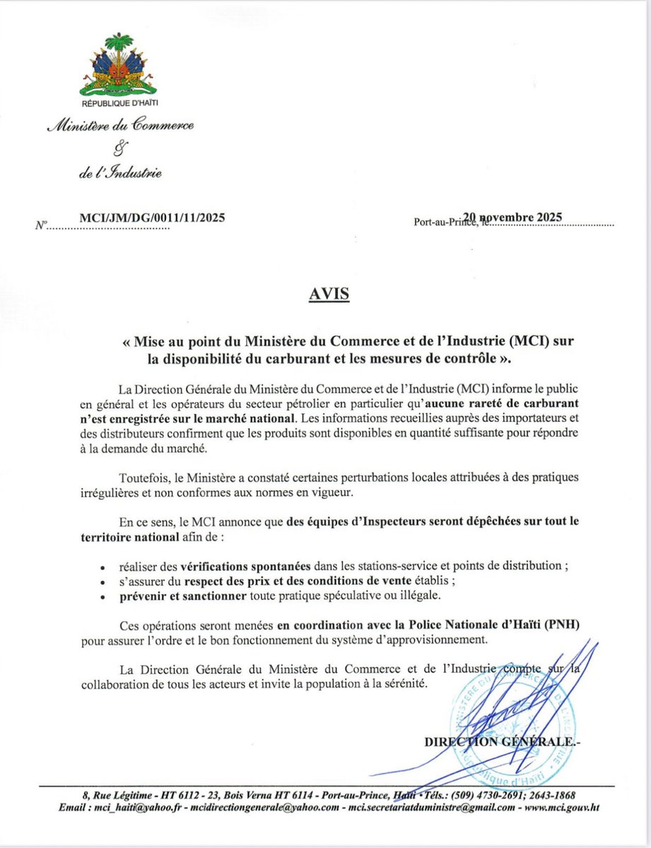 Mise au point du Ministère du Commerce et de l' Industrie (MCI) sur la disponibilité du carburant et les mesures de contrôle.