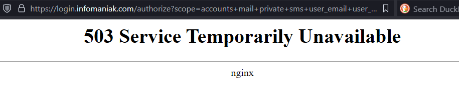 JLermitage's tweet photo. @infomaniak https://t.co/0DqyeAXVZl mentionnait deux pannes à 19h. 30min plus tard, cette même page indique qu'il n'y a aucun incident depuis 60 jours. Everything is fine, comme vous dites. Le service de login (https://t.co/z45FrGJ1R6) est en 503 depuis désormais 1h... https://t.co/d5tARl00SW