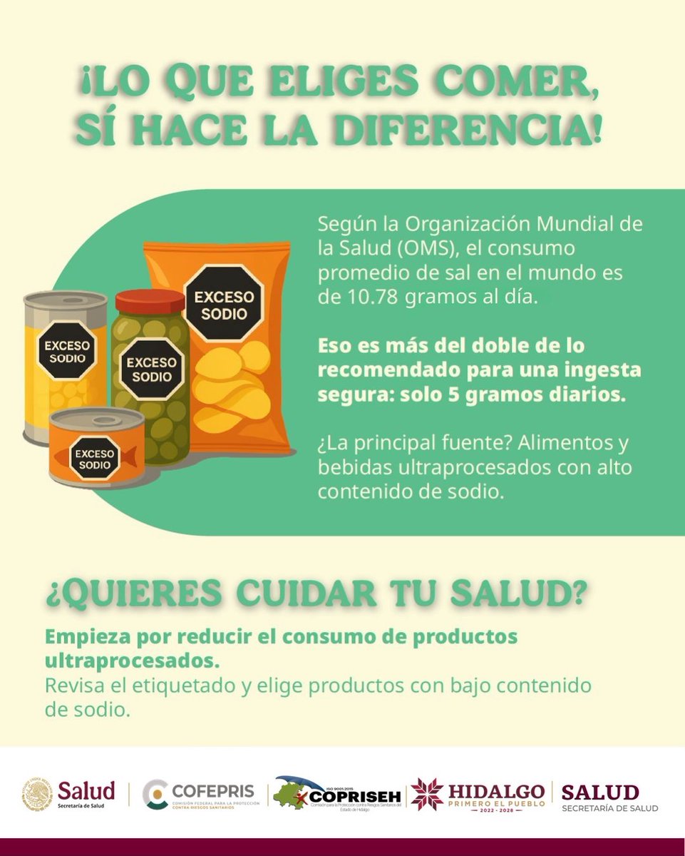 coprisehgo's tweet image. Consumimos más del doble de sal recomendada por la OMS 😱
La mayoría proviene de alimentos ultraprocesados con alto contenido de sodio.
Cuida tu salud: revisa el etiquetado y elige productos con bajo contenido de sodio.
#Salud #COFEPRIS #Sodio #alimentaciónsaludable