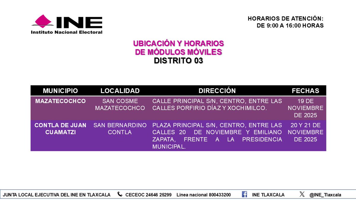 ⏰#AhoraMismo
Nuestro módulo móvil del #Distrito03 te espera en #ContlaDeJuanCuamatzi hasta las 16:00 horas.
¡Ven ya! 🏃‍♂️