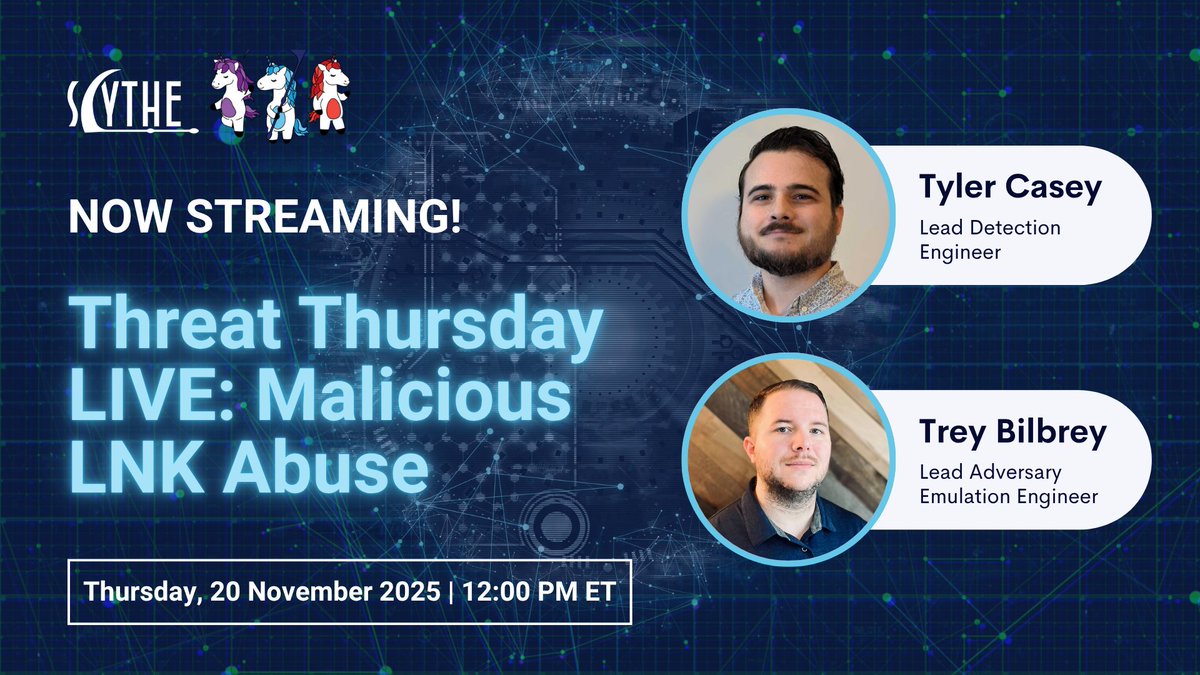 scythe_io's tweet image. We’re live now‼️

Join Tyler Casey &amp;amp; Trey Bilbrey (@TCraf7) for a deep dive into malicious LNK abuse, how attackers use it to bypass defenses, deliver payloads &amp;amp; stay hidden.

Watch here: hubs.ly/Q03TKl0l0

#cybersecurityevents