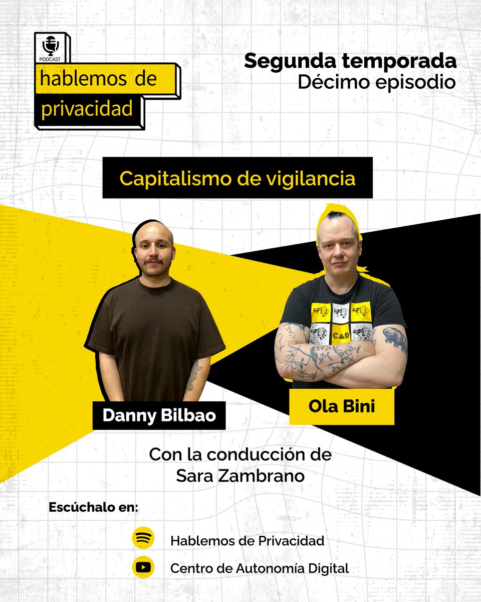 🎙️ Nuevo episodio de Hablemos de Privacidad: “Capitalismo de vigilancia”.
Con @sara_zambranoec y los invitados:
💥 <a href="/dannysebilbao/">🇵🇸danny🇵🇸</a> 
💥 <a href="/olabini/">Ola Bini - (@ola@infosec.exchange)</a> 
YT: youtu.be/EXsjnyy6ZK0
Spotify: open.spotify.com/episode/32v1W1…