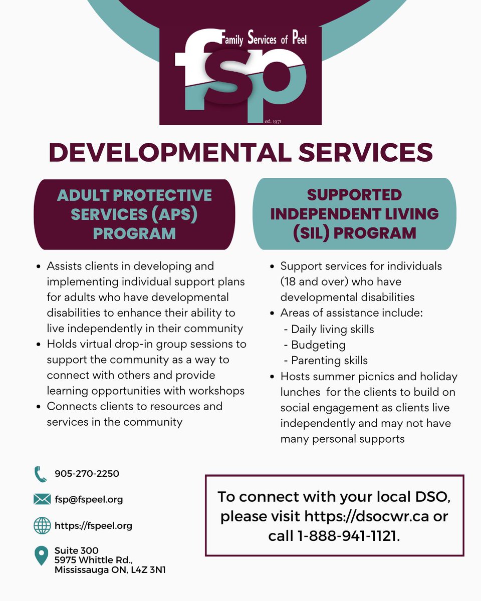 fspeelca's tweet image. Supporting adults with #developmentaldisabilities to live with confidence and independence.

#APS: Individualized planning, community connections
#SIL: Daily living skills, parenting support

More info: fspeel.org
DSO: dsocwr.ca | 1-888-941-1121