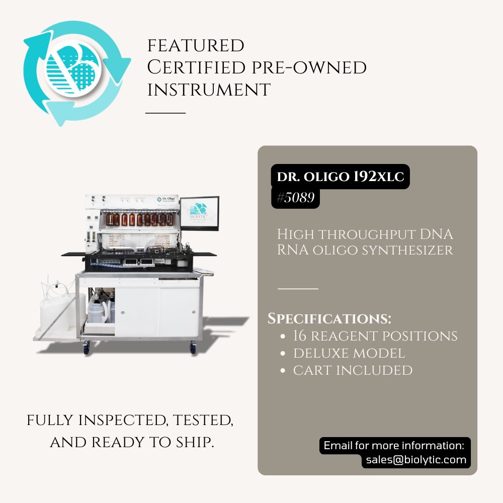 biolytic's tweet photo. Instrument Spotlight: Certified Pre-Owned Dr. Oligo 192XLc
✔ Deluxe model
✔ 16 reagent positions
✔ Cart included
✔ Fully inspected, tested, and ready to ship

Check out the latest certified pre-owned inventory: https://t.co/weQtPqaaTS

or

email us at sales@biolytic.com https://t.co/vu4rNujjX0