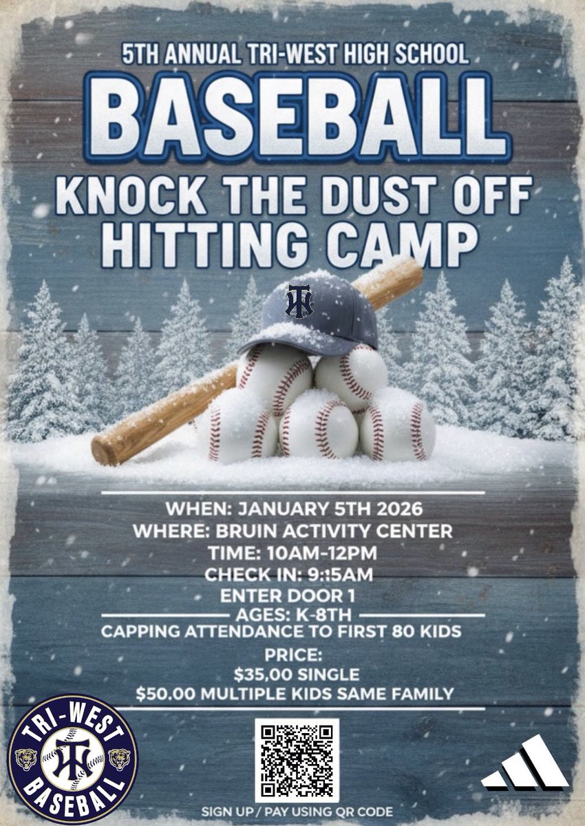 🚨 Winter Hitting Camp 🚨 

Get signed up today. Knock the dust off after Christmas with Tri-West HS Baseball. We are limited to 80 spots so first come first serve!  Go Bruins!! <a href="/triwestsports/">Tri-West High School Athletics</a> <a href="/BoosterTriWest/">Tri-West Baseball Boosters</a> <a href="/TriWestLL/">TWLL Baseball</a>