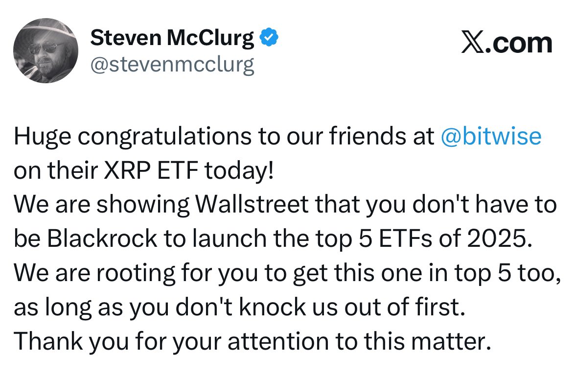 🚨BREAKING: CANARY CAPITAL CEO SAYS THEIR $XRP ETF COULD OVERTAKE BLACKROCK  🚨 …and he says Bitwise might do it with them. 😳🔥 Steven McClurg  (@stevenmcclurg) — CEO of Canary Capital (@CanaryFunds), the