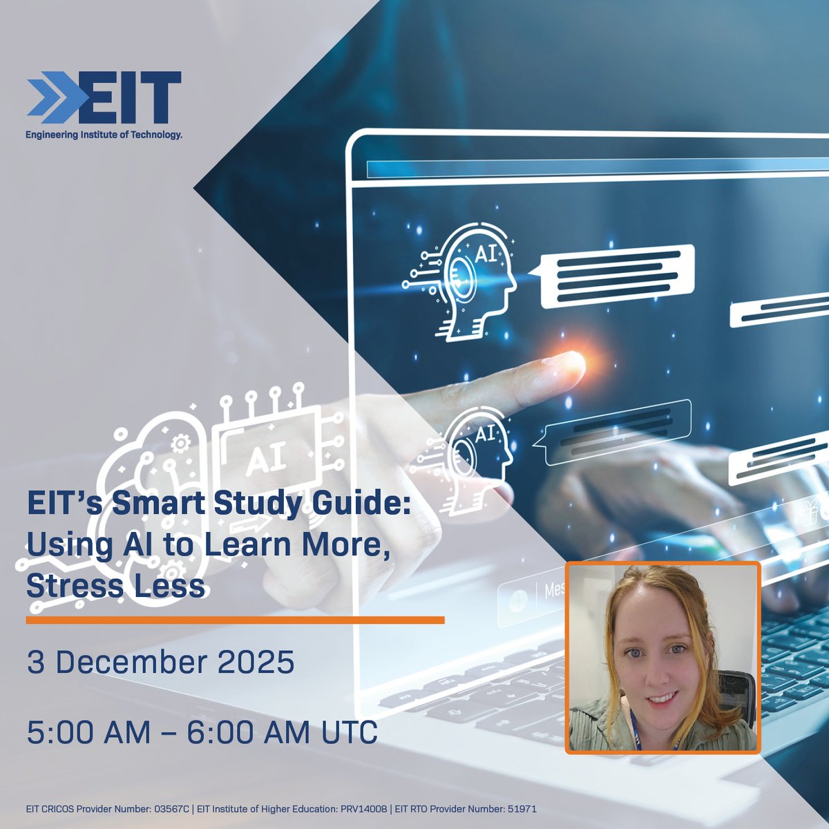 enginstoftech's tweet image. 📚🤖 Make AI your ultimate study companion!
 
Join EIT’s webinar on 3 Dec | 5:00 AM UTC 
 
👉 EngInstTech.short.gy/ai-study-guide

#AI #DigitalLearning #StudySmarter #EIT 
 
EIT CRICOS Provider Number: 03567C | EIT Institute of Higher Education PRV14008 | EIT RTO Provider Number: 51971