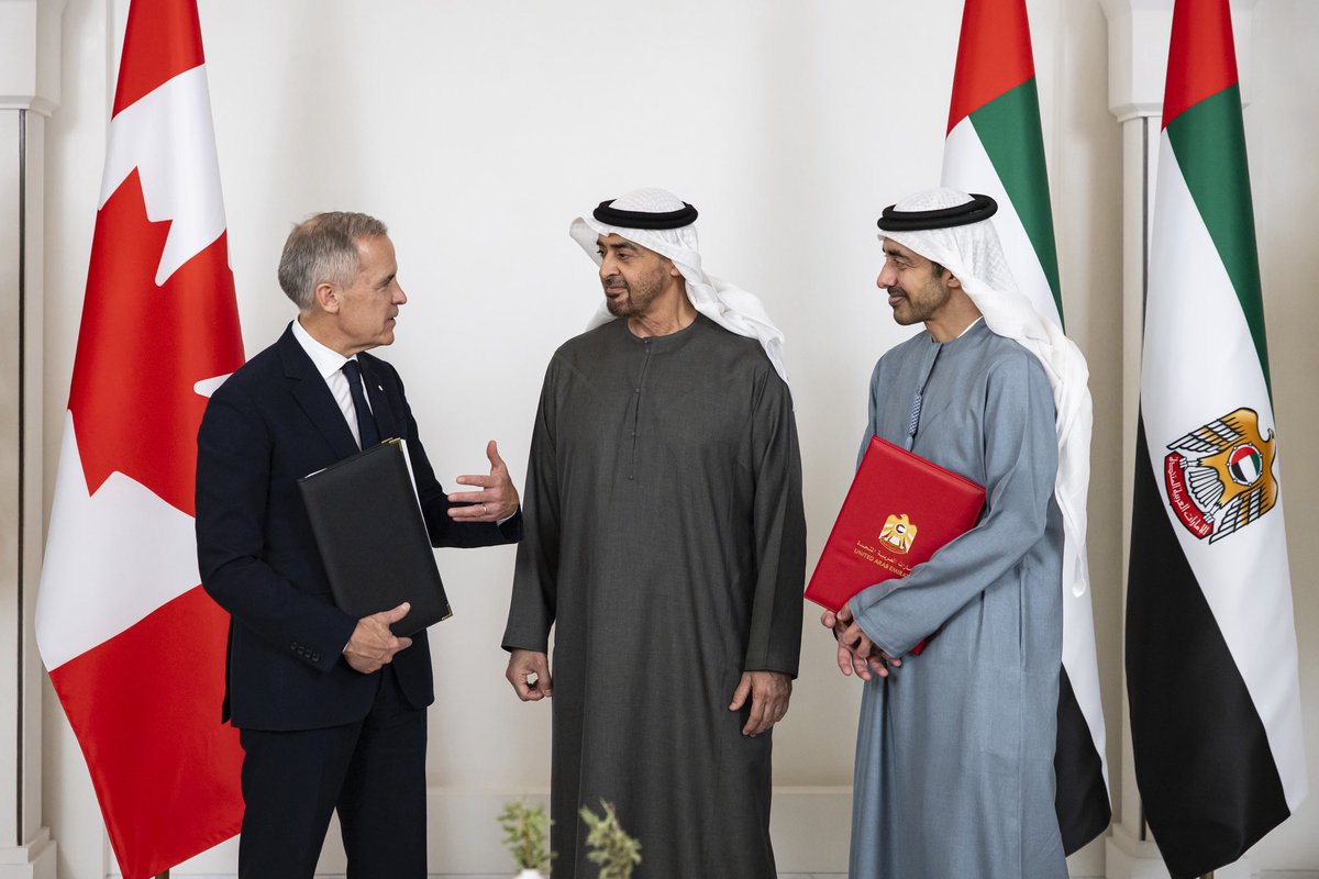 MarkJCarney's tweet photo. Here in Abu Dhabi, we just launched negotiations toward a free trade deal with the UAE.

It will cut tariffs, eliminate red tape, and expand market access across this $700 billion economy for Canadian businesses looking to grow abroad. https://t.co/pQrtdgp2NW