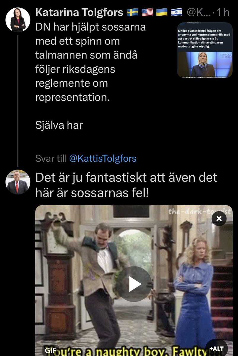 Det är sossarnas fel!
Allting! Alltihop!
Sveavägen 68 styr media! 
Magdalena Andersson har en hand i allt ont!
Nu också DN:s granskning av talmannen.

Det blir mest komiskt tycker jag.
(<a href="/KattisTolgfors/">Katarina Tolgfors 🇸🇪🇺🇸🇺🇦🇮🇱</a> är Moderat riksdagsledamot för övrigt.)

#sossarnasfel #naughtybasil #S2026