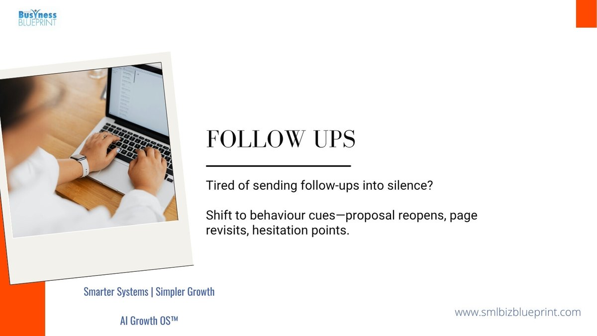 smlbizsuccess's tweet image. Tired of sending follow-ups into silence?
Shift to behaviour cues—proposal reopens, page revisits, hesitation points.
It’s like finally seeing the conversation your buyer never said out loud.
Start following what matters.
#FollowUpStrategy #SmallBusinessGrowth #AIInsights
