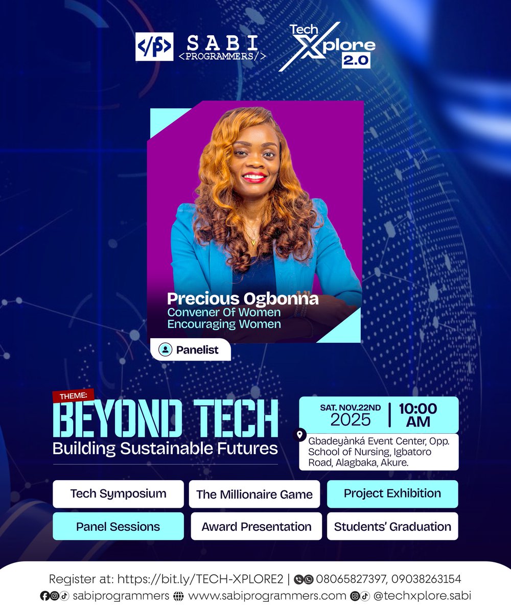 SabiProgrammers's tweet image. Proudly announcing one of our amazing panelists, for tech xplore 2.0, Precious Ogbonna, convener of Women Encouraging Women

Tap her wide knowledge and experience by attending tech xplore 2.0 for free

Registration link in the first comment 

#TechXplore #techevent #akuretech