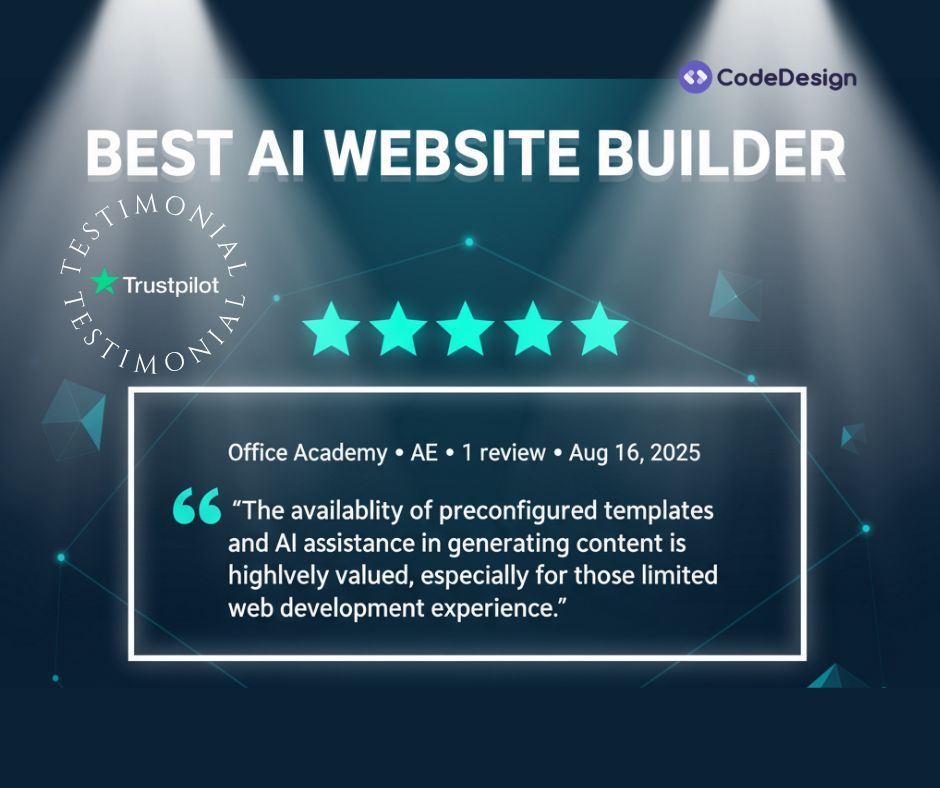 codedesignai's tweet image. &quot;Best AI Website Builder&quot; on Trustpilot! 🚀

Thanks, Office Academy, for the 5-star review! We&apos;re making web design easy for everyone. No coding needed.

Try Codedesign Free: [codedesign.ai ]

#Codedesign #AI #Trustpilot #NoCode #WebDev #Review