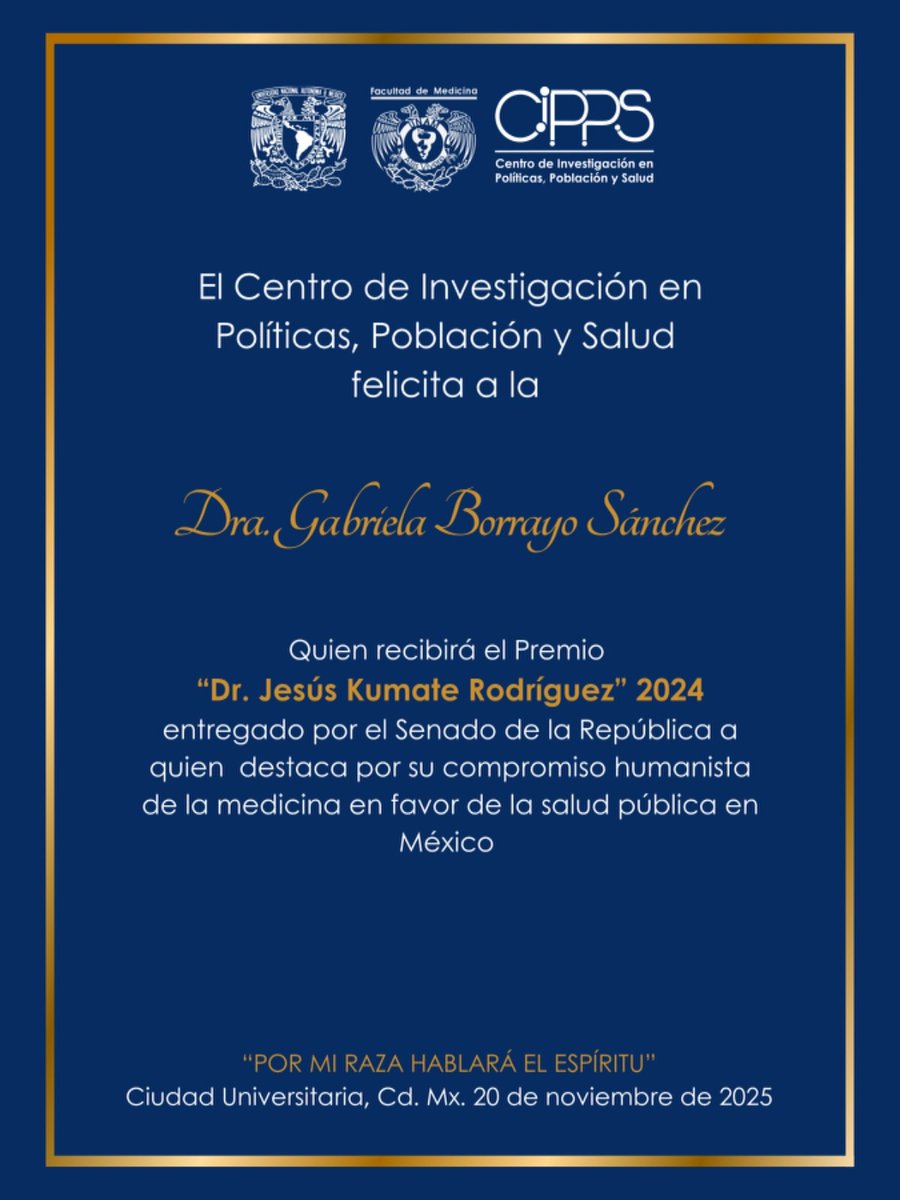 cippsunam's tweet image. #UnGoyaPara la Dra. Grabiela Borrayo Sánchez  🏆 por el Reconocimiento “Dr. Jesús Kumate Rodríguez” 2024, otorgado por el Senado de la República 🏅

#SomosFacMed #OrgulloFacMed