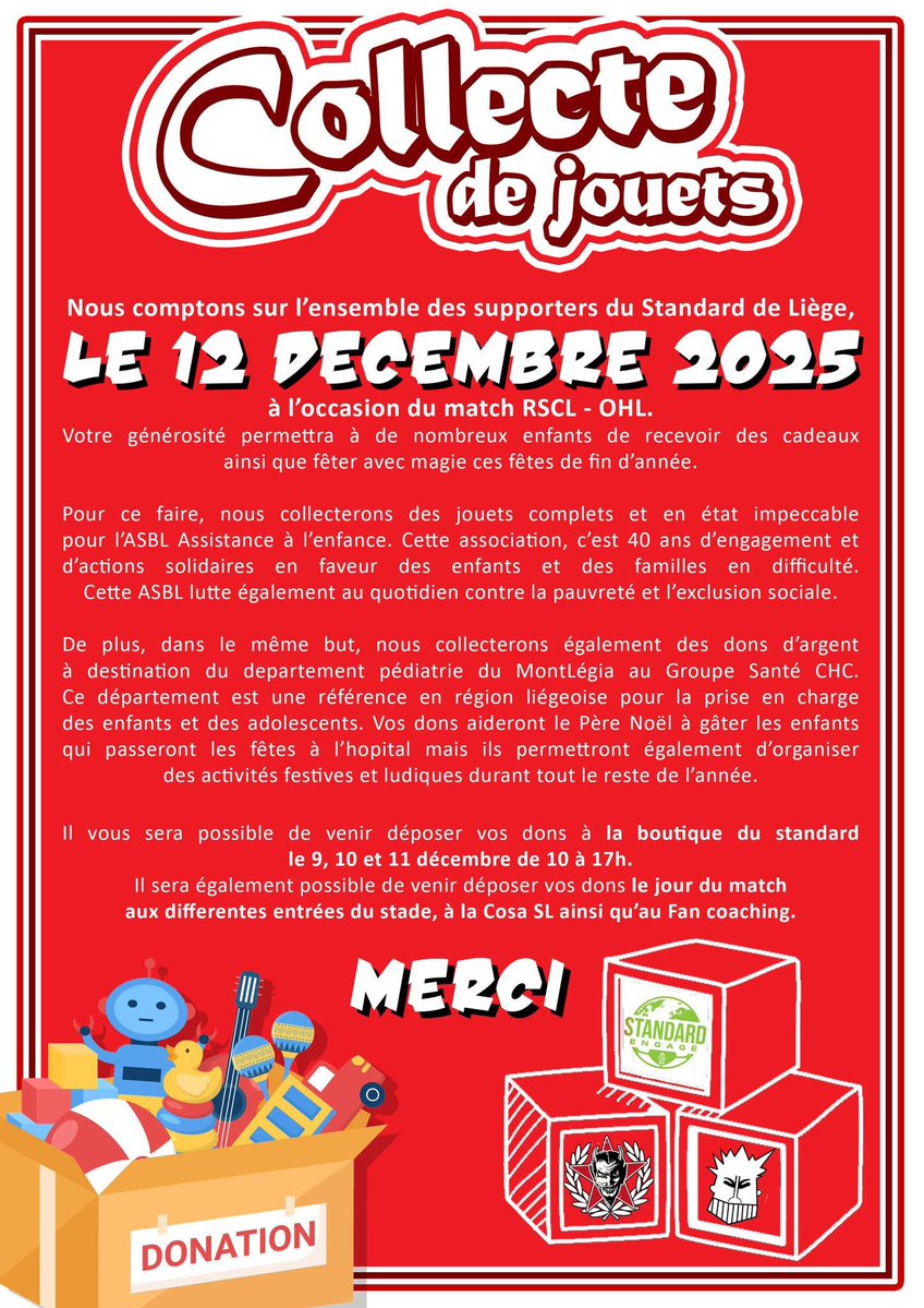 ultrasinferno96's tweet image. 🎁 COLLECTE DE JOUETS
⚽️ RSCL -  OHL 
📅 VENDREDI 12 DECEMBRE
--------------
💳 BE58 3632 2343 3779 
Ultras Inferno &amp;gt; Collecte de jouets