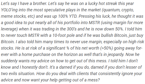 awealthofcs's tweet image. A guy put 50% of his portfolio into MSTR in the $300s (it&apos;s now ~$175)

He used margin to make the purchase

The money was to be used to buy a home

Can you save an investor like this?

awealthofcommonsense.com/2025/11/going-…