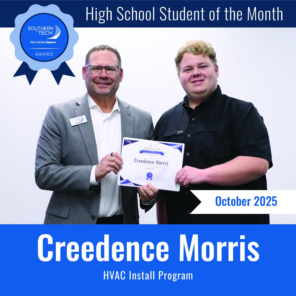 Congratulations to Creedence Morris our October Student of the Month. Creedence is a student in our HVAC Install Program.  Congratulations Creedence!
