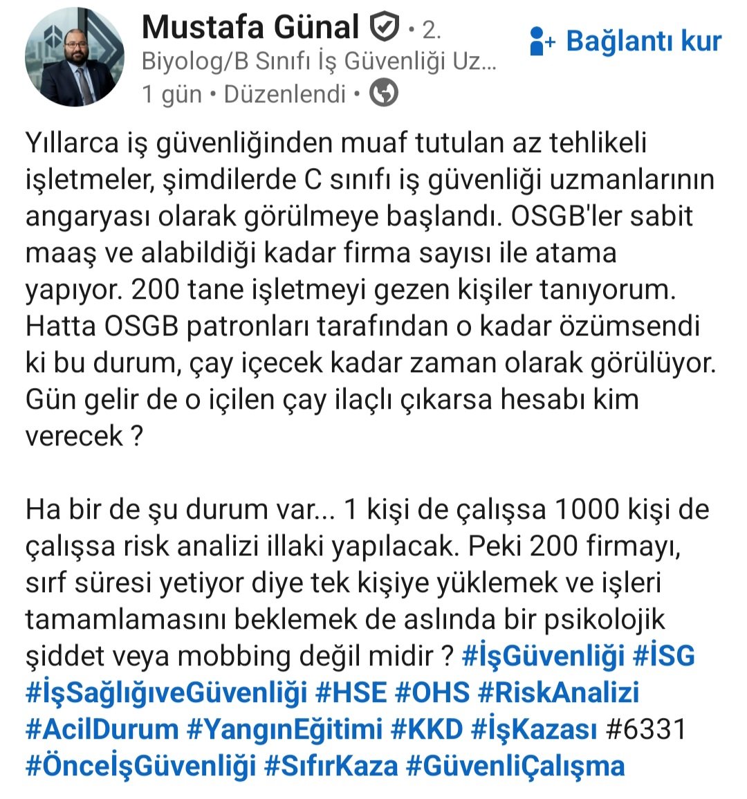 Bu yazıyı iyi okuyun.%100 doğrudur.Osgbler yüzlerce firma ataması yapıyor.Yasaya göre işyerinde durma sürelerine uyulmuyor.Bu kadar firma atamasına 4,8,12 saat eğitim verildiğinimi düşüyorsunuz.Kapıdan selam versen yetişmez.Yolda geçen süreler neden hesaplanmıyor?#iguiçinadalet