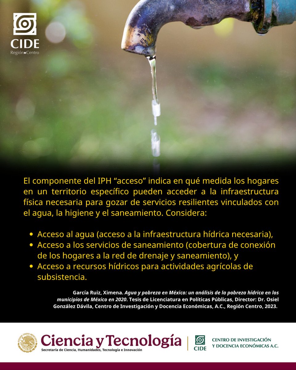 CIDE_RC's tweet image. ✏️Para estudiar la pobreza hídrica, el IPH debe estar construido a partir de cinco componentes: recurso, acceso, capacidad, uso y ambiente.
💡Aporte de Tesis (2023).
📘Licenciatura en Políticas Públicas, CIDE RC.
🎓 Ximena García Ruiz