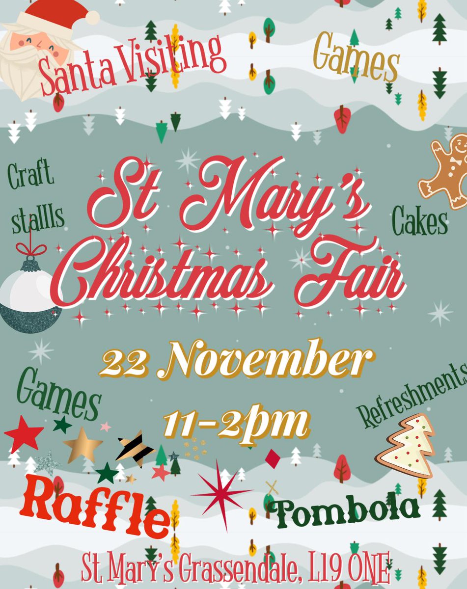 Join us 4 lots of fun this Saturday 22 November 11am-2pm @ St Mary’s Church Grassendale in St Mary’s Church Hall, St Mary’s Rd L19 0NE. Festive crafts &amp; cake stalls, refreshments, raffle &amp; tombola, games, Father Christmas! A wonderful community spirit guaranteed!  See you there!