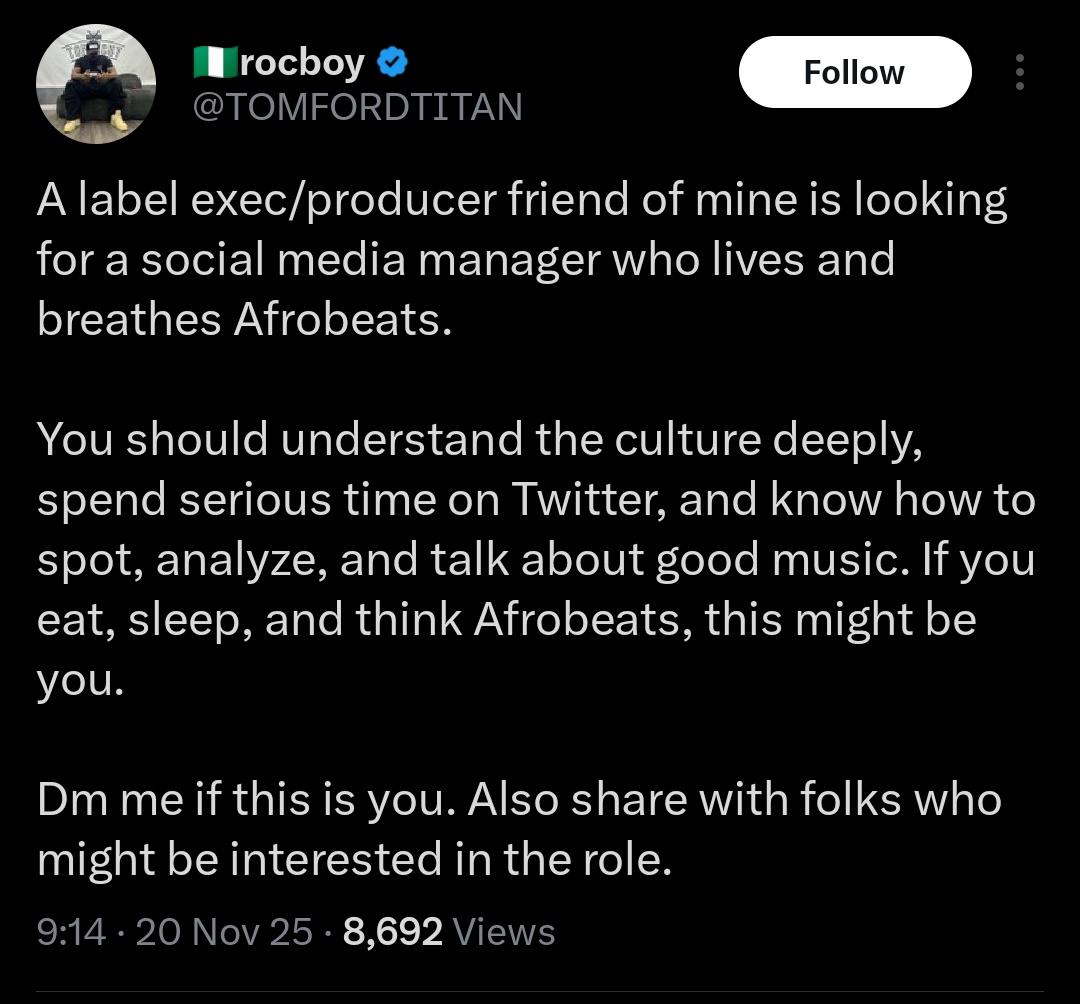 shellosmedia's tweet image. A record label needs a social media manager that is a big fan of Afro beats. 

If this is you, send a DM to @TOMFORDTITAN 

Tag someone you know 

Retweet 

#shellos
#shellosmedia
#socialmediamanager
#afrobeat
#afrobeats
#smm
