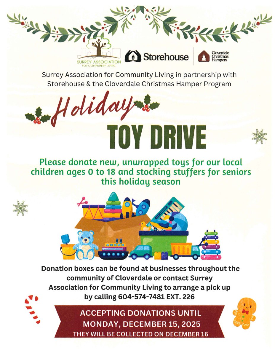 Paradeguy's tweet photo. HOLIDAY TOY DRIVE
Please help us this season in Cloverdale.
The @cloverdalebia &amp; @CloverdaleCOC office at 5738 176 St are collecting donations. 
Thank you!
@CityofSurrey @My_CCK @CloverdaleNews @CloverdaleCA_BC @rclcloverdale @CloverdaleRodeo #SurreyAssoc4CommunityLiving https://t.co/hPGo0o7hdw