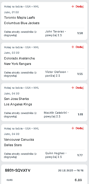 Recreaver's tweet image. Zapraszam na Analizę jutrzejszych spotkań! 😄
Link; superbet.onelink.me/Tegf/6yab9a8y

🎯Kurs 6.89

Dziś na tapet biorę:
1⃣ John Tavares +2.5 celnego @ 1.56
2⃣ Victor Olofsson -2.5 celnego @ 1.55
3⃣ Macklin Celebrini +2.5 celnego @ 1.61
4⃣ Quinn Hughes +2.5 @ 1.77

Krótko na temat, Tavares…