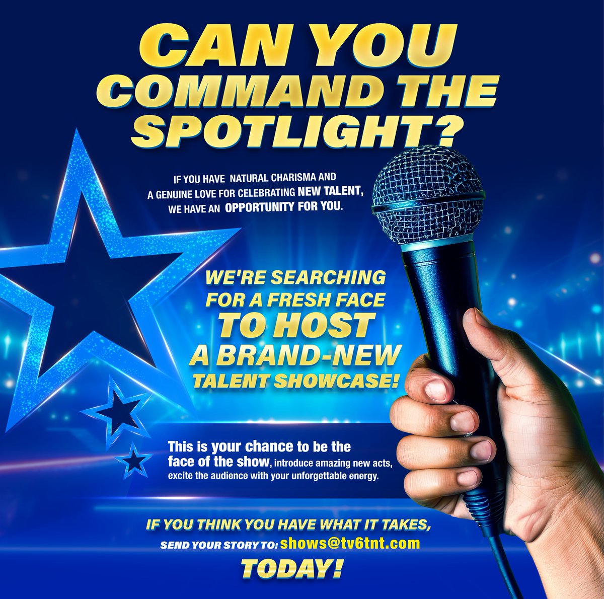 tv6tnt's tweet image. ✨ Step into the spotlight 🎤 and show us what you’ve got!
TV6 is looking for a dynamic new host for an exciting talent showcase  and it could be YOU!

📧 Send your story to shows@tv6tnt.com today!
#TV6 #CCNTV6 #TalentShowcase #CastingCall