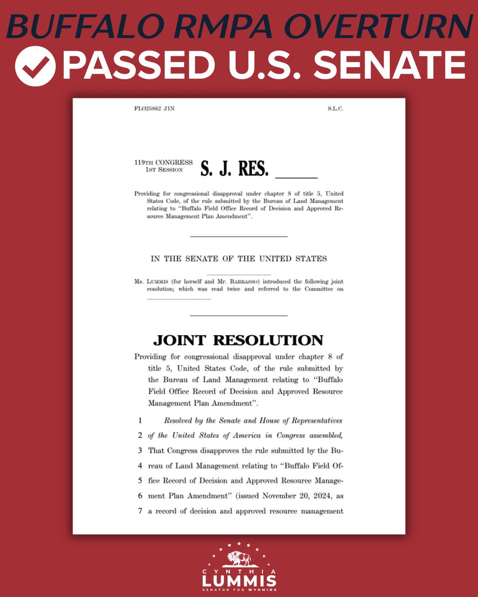 And just like that, legislation to undo the Biden-era Buffalo RMPA heads to <a href="/POTUS/">President Donald J. Trump</a>' desk!  

Wyoming energy powers the nation. This is how we secure America's energy future.