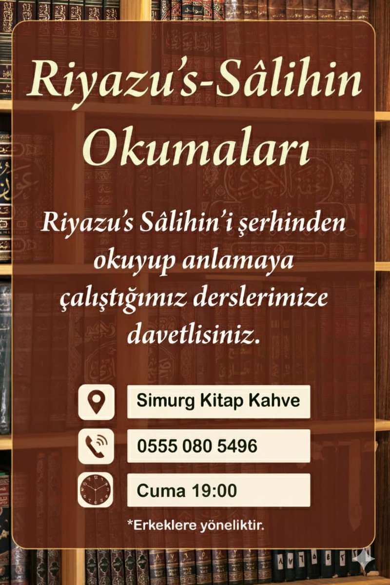 Her cuma 19.00 da düzenlenecek olan İmam Nevevi'nin meşhur eseri "Riyaz'us-Salihin" derslerimize tüm yaş grubu erkek kardeşlerimizi bekleriz..